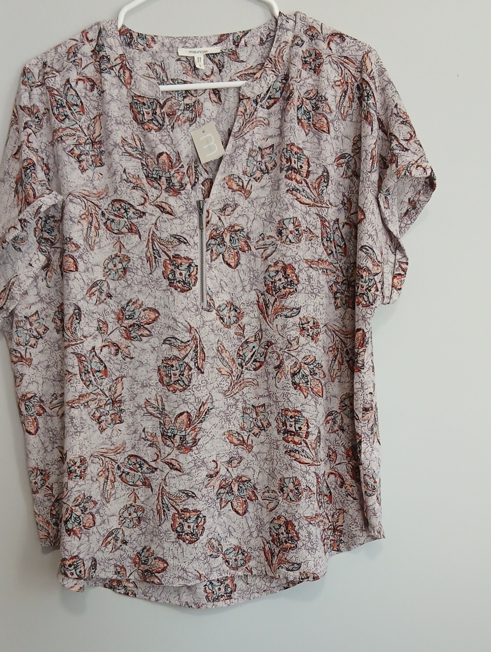 Maurices Floral Zip-Up Top with Rust and Teal Accents